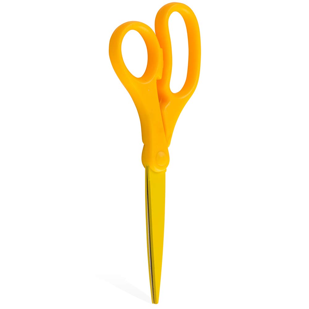 JAM Paper 8-Inch scissors, yellow handle, side view, comfortable ambidextrous grip.