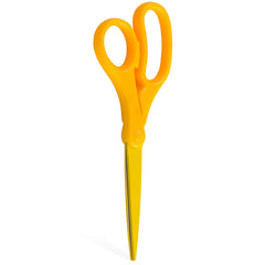 JAM Paper 8-Inch scissors, yellow handle, side view, comfortable ambidextrous grip.