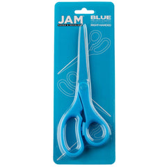 JAM Paper blue scissors cutting paper, cardstock, and fabric.