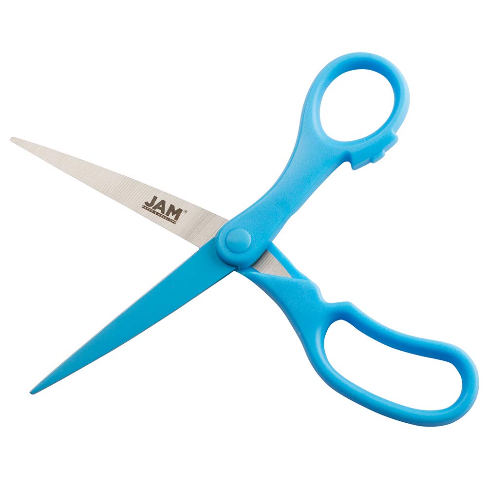 JAM Paper blue scissors with ergonomic handle for comfort.