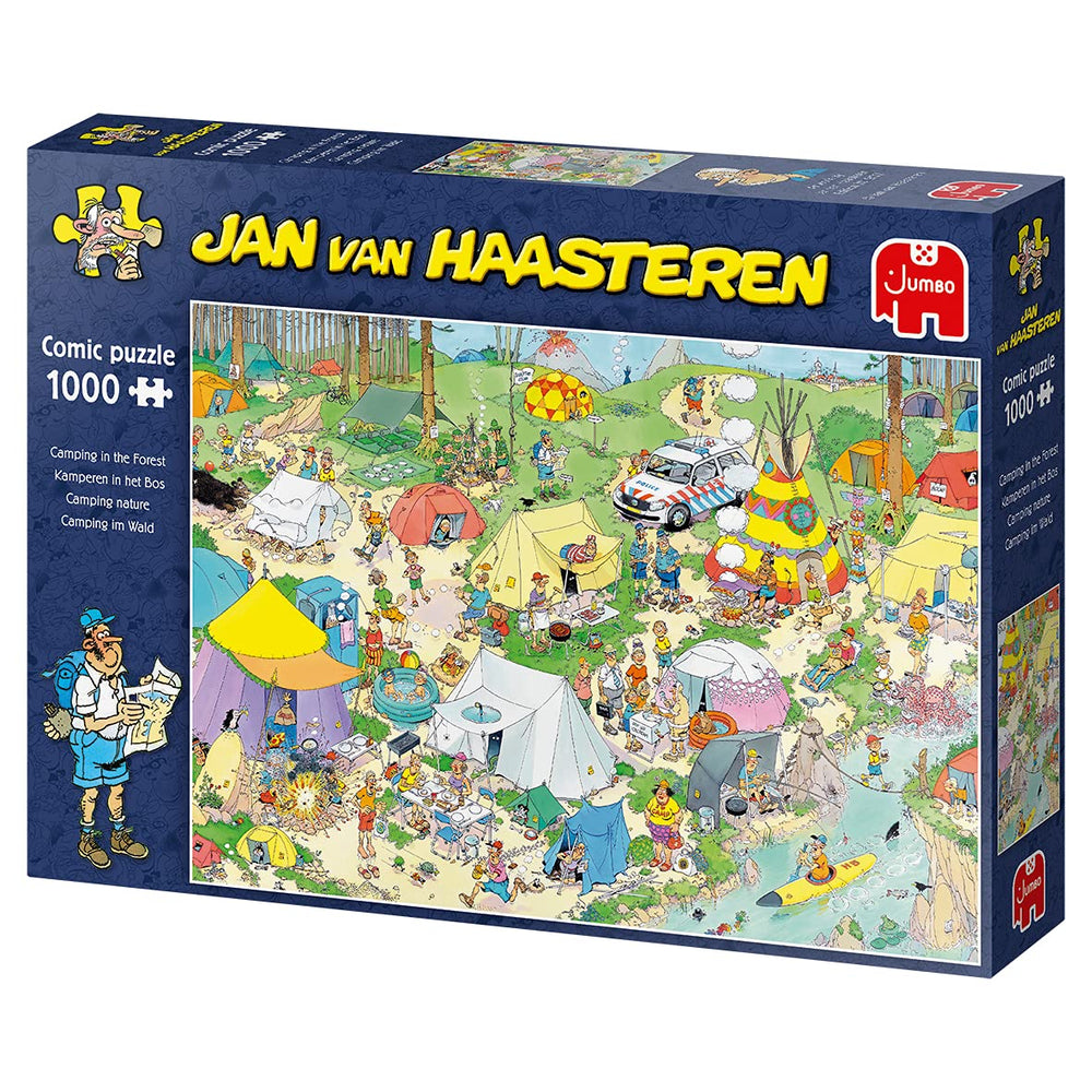 Jan van Haasteren characters in a lively forest campsite setting for lighthearted storytelling.