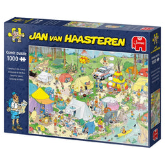 Jan van Haasteren characters in a lively forest campsite setting for lighthearted storytelling.