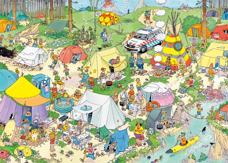 Jan van Haasteren Camping in the Forest scene ready for 1000-piece challenge.