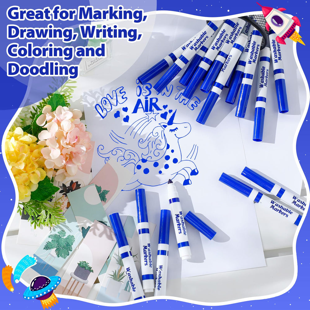 Janlaugh blue markers clean up easily from skin, clothing, and most fabrics