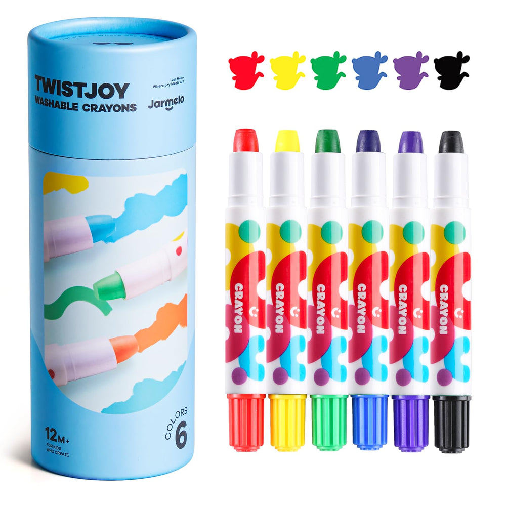 Jar Melo Jumbo Crayons in six colors with TwistJoy design for easy grip.
