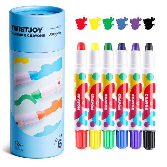 Jar Melo Jumbo Crayons in six colors with TwistJoy design for easy grip.