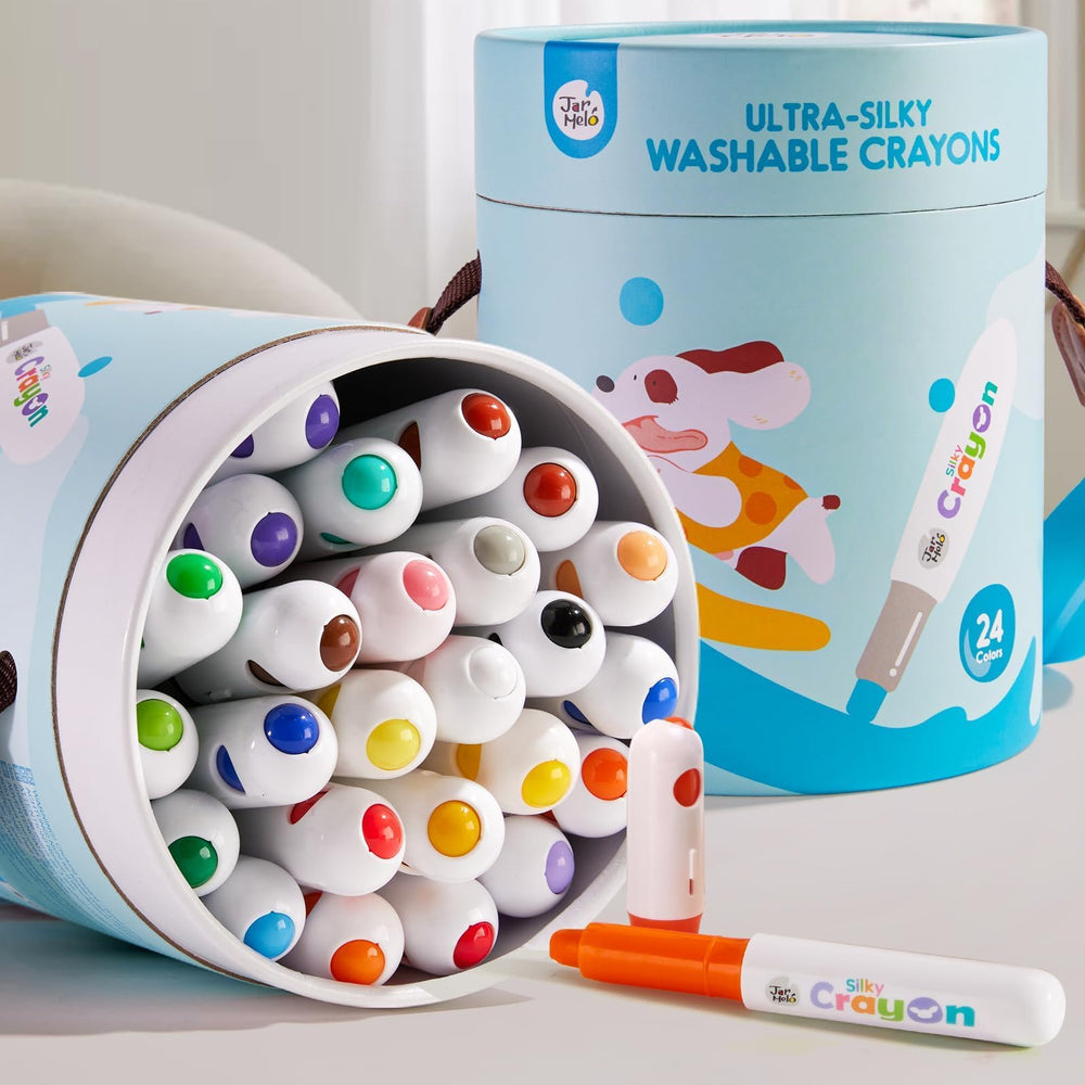 Jar Melo Jumbo Washable Crayons box front view displays 24 vibrant colors for creative play.