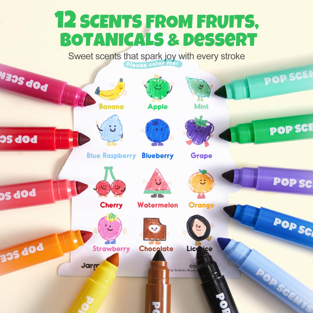 Jar Melo non-toxic formula label visible beside water-based markers for safe play.