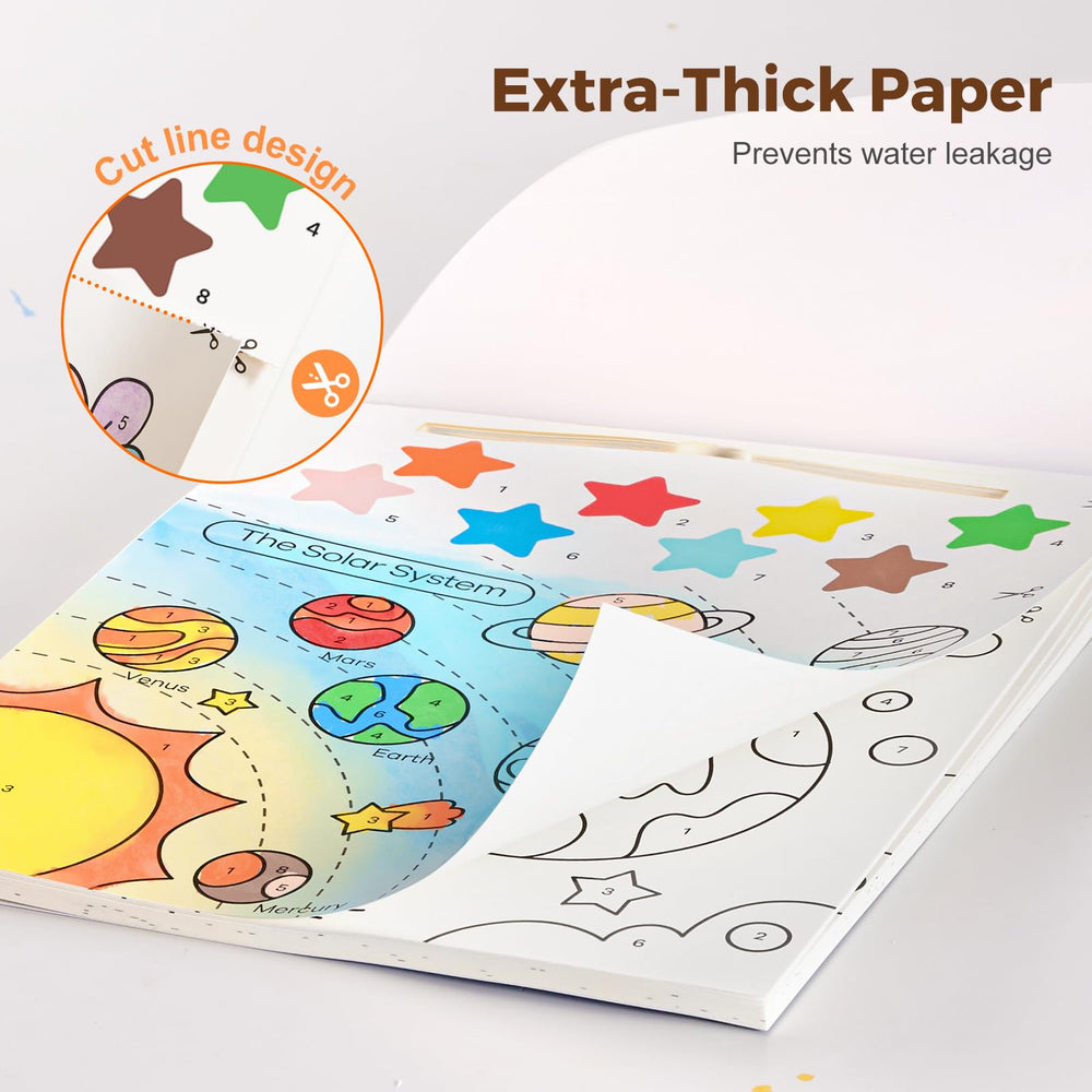 Jar Melo paint with water book shows brush on page for simple, engaging coloring.