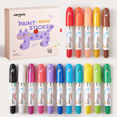 Jar Melo tempera paint sticks with 16 colors pack for vibrant art and strong coverage.