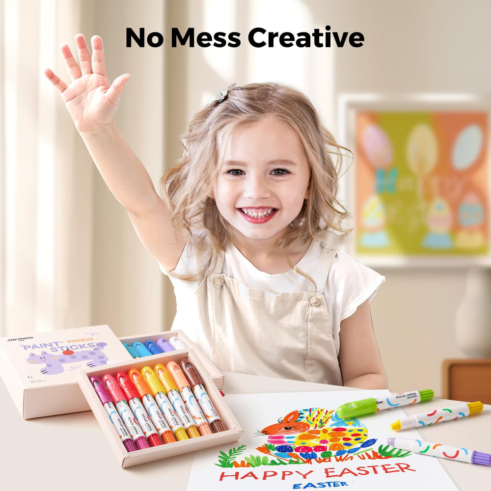 Jar Melo tempera paint sticks feature thick short tips for detailed drawings.