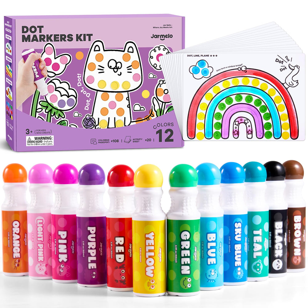 Jar Melo washable dot markers set for toddlers, mess-free coloring.