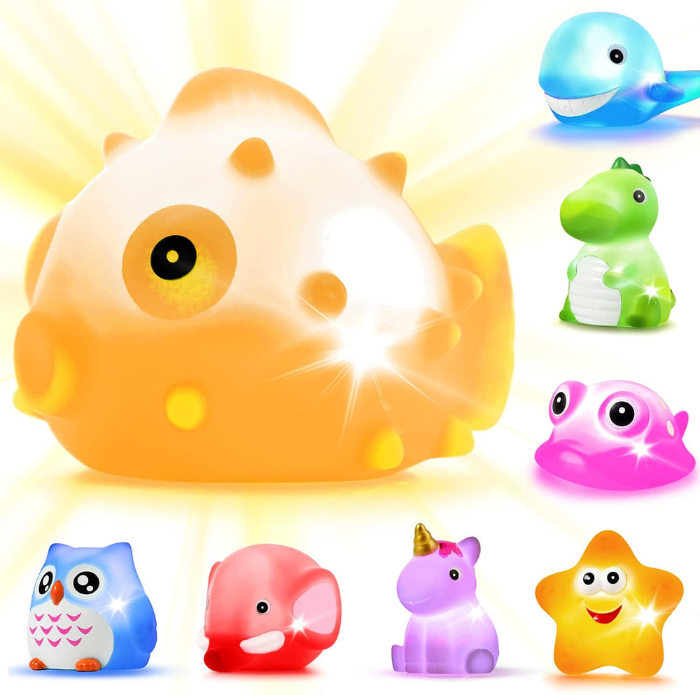 JASNKKONT eight-piece bath toy set with lights for engaging bath time play.