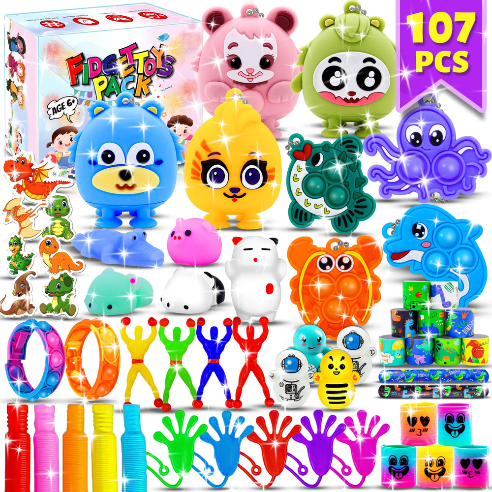 Jasny 107Pcs party favors: variety of fidget toys for classroom prizes.
