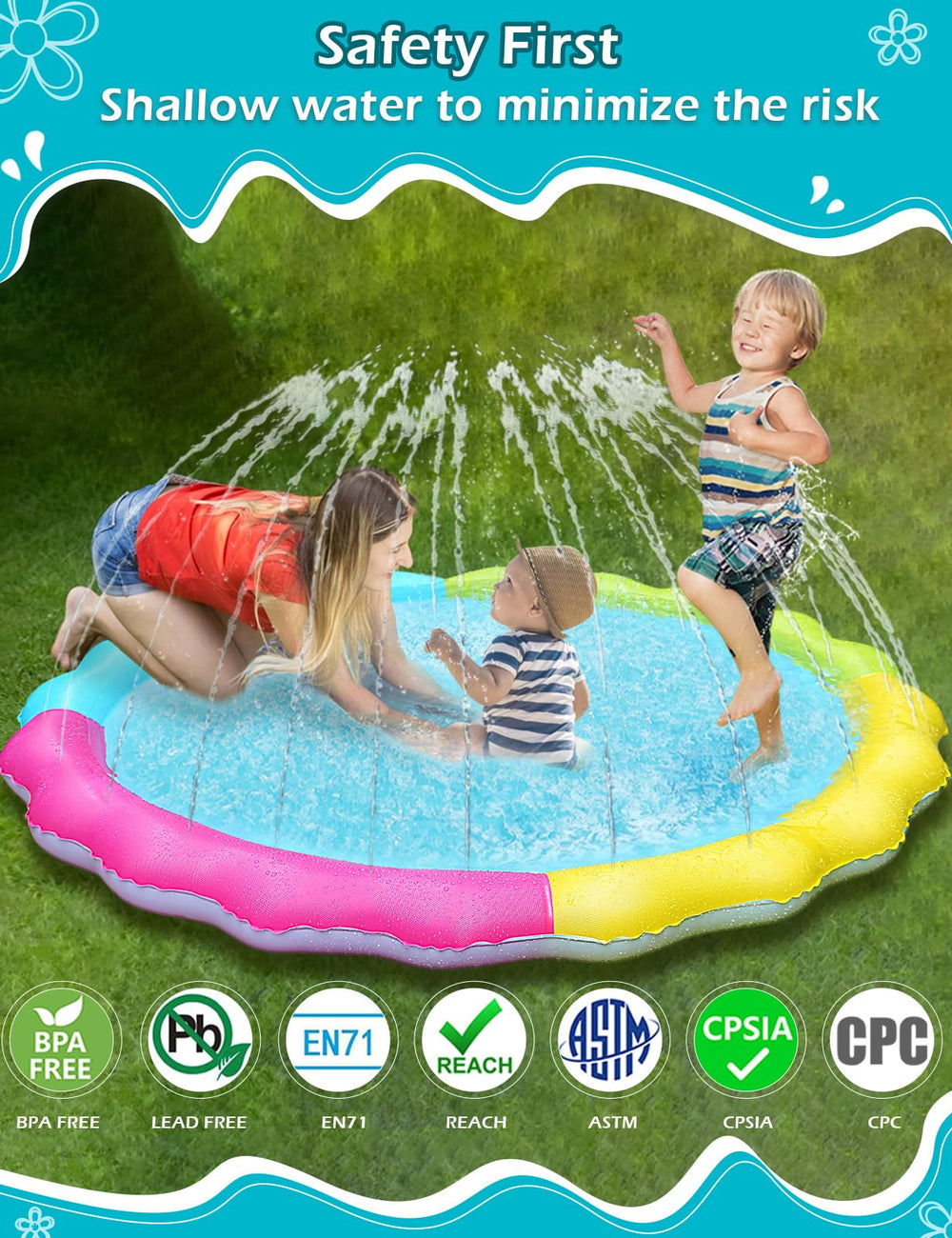 Jasonwell Splash Pad fountain spray feature cools kids on hot days.