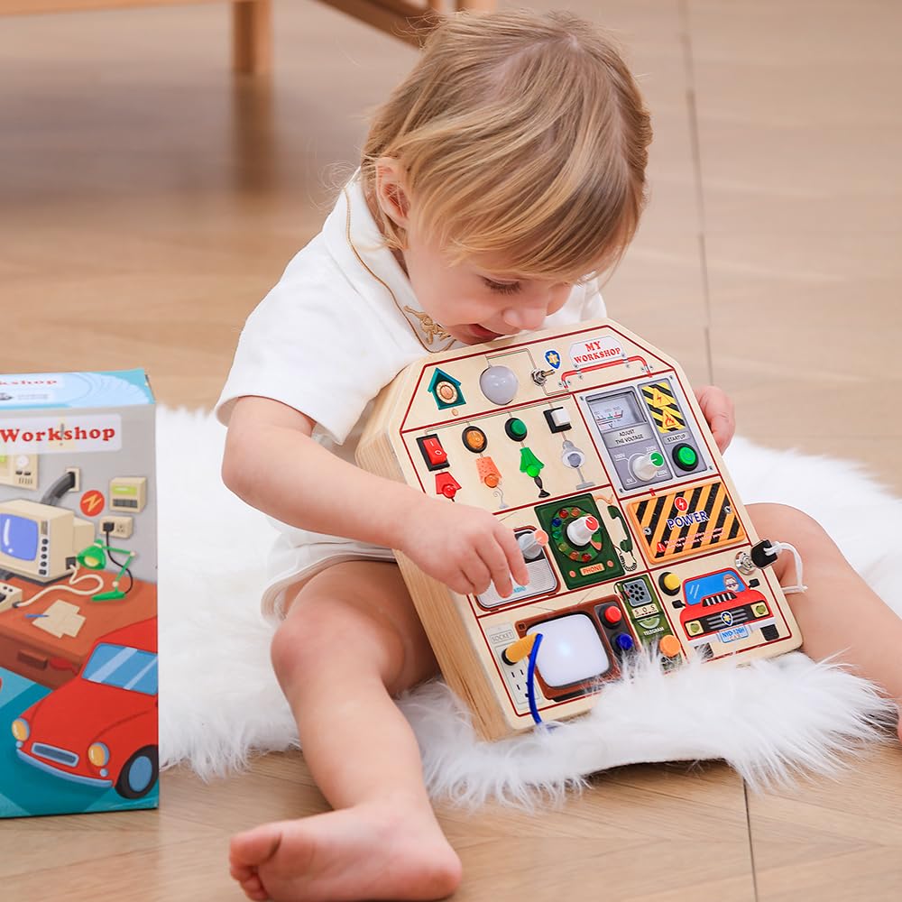 JAUNTY Busy Board LED switches close-up highlighting sensory light interactions.
