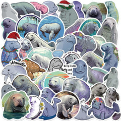 Jaurney Manatee stickers on a water bottle for durable, playful decoration.