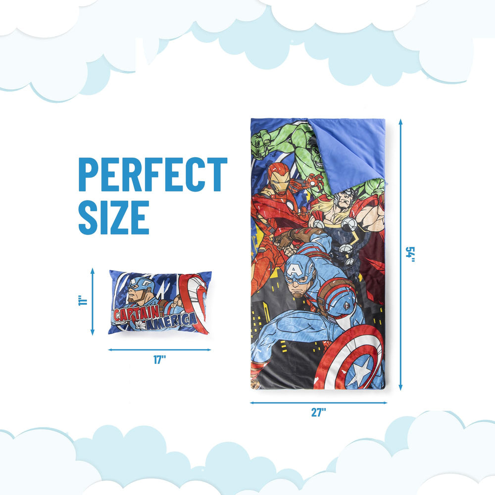 Avengers slumber bag with pillow packed for compact storage.