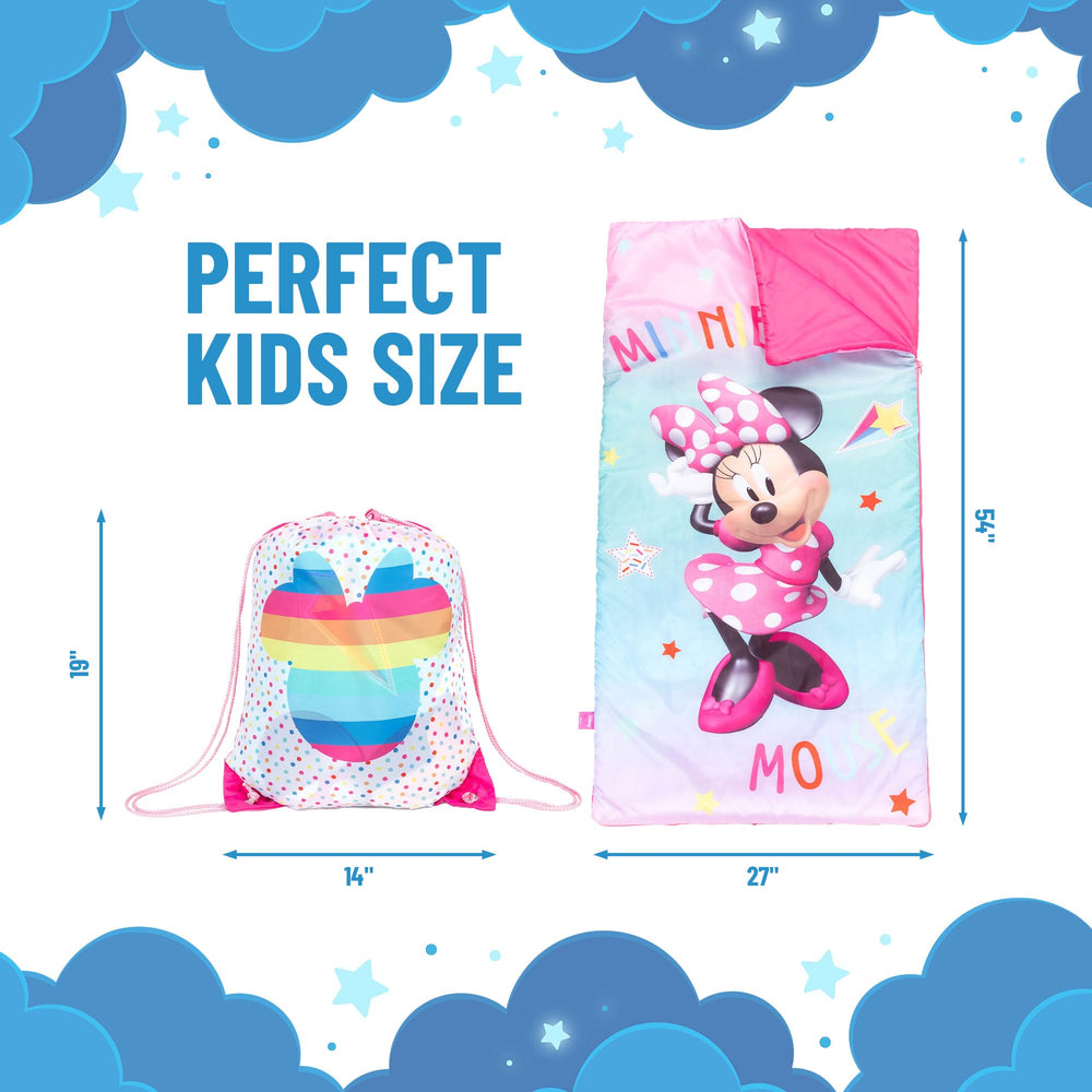 Jay Franco Minnie Mouse Bowtique slumber sack side view supports travel nights.
