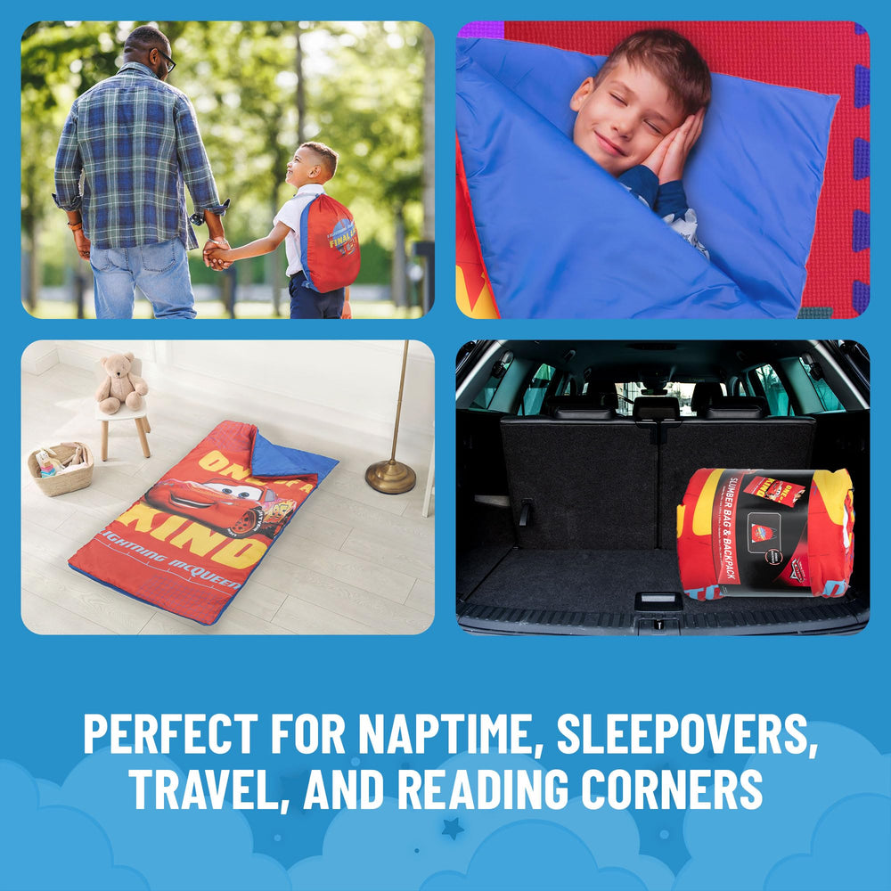 Jay Franco Cars slumber sack setup in a kid bedroom for bedtime fun.