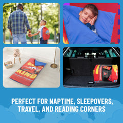 Jay Franco Cars slumber sack setup in a kid bedroom for bedtime fun.
