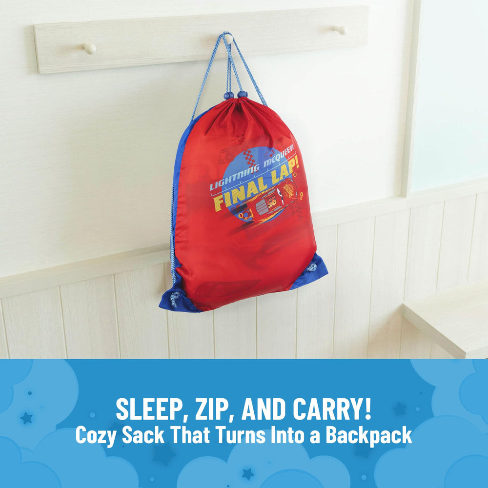 Jay Franco Disney Cars slumber sack highlights Lighting McQueen design for imaginative sleepovers.