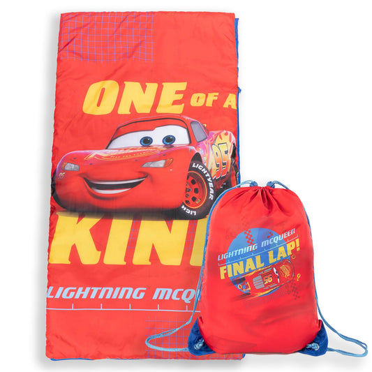Jay Franco Cars slumber sack featuring Lighting McQueen graphic for cozy sleepovers.