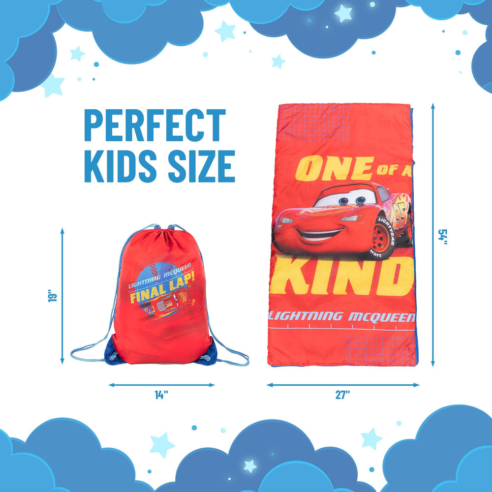 Jay Franco Cars slumber sack rolled for easy storage and travel.