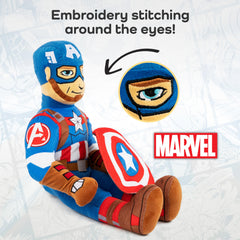Jay Franco Captain America pillow buddy resting on bed for bedtime fun.