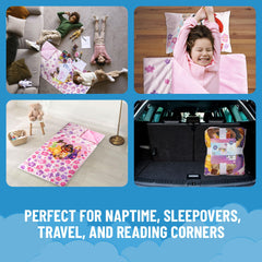 Jay Franco slumber roll-up storage demonstrates easy portability.