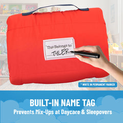 Carry handle on Spiderman nap mat for easy transport