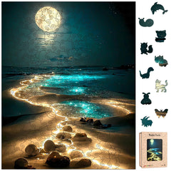 Jazcimdo Moonlight Beach puzzle assembly highlights a challenging family activity.