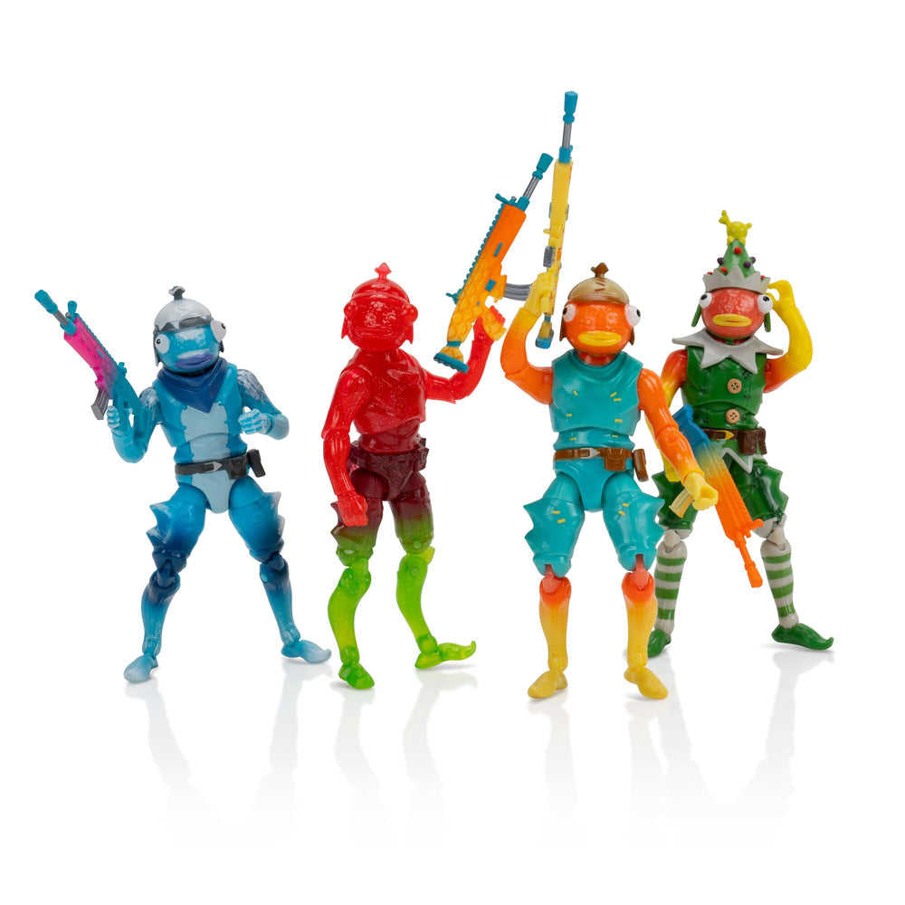 Jazwares Fortnite Frozen Fishstick four-pack figures with high articulation for poseability.