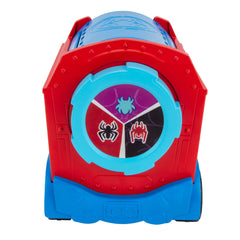 Jazwares Spidey Hauler Ghost-Spider emerges from roof with web launcher.