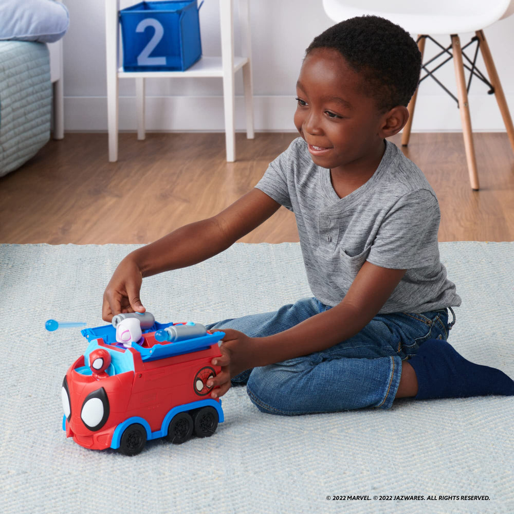 Jazwares Spidey Hauler Miles Morales launcher in action for web blasts.