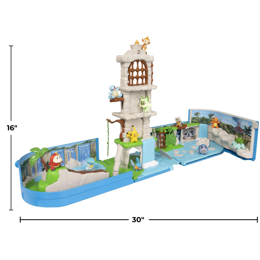 Transforming backpack playset with multi-level temple and launchers for imaginative adventures.