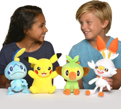 Jazwares Grookey plush on display shelf, ideal for collection showcases.