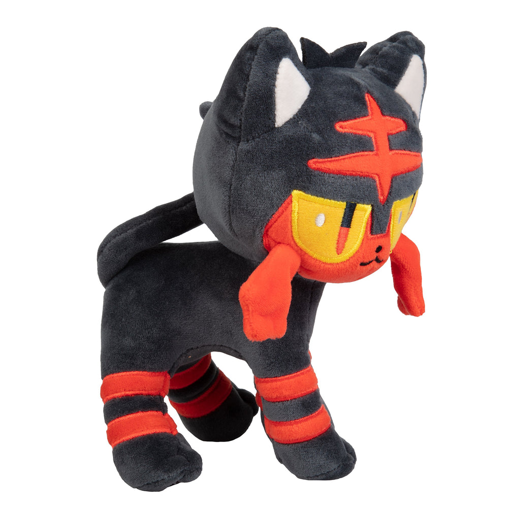 Jazwares Pokémon Litten plush 8in side view, compact travel buddy.