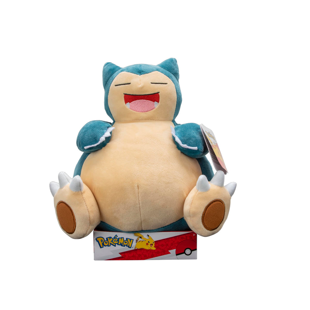 Close-up of Snorlax face on Jazwares plush, faithful branding and charm