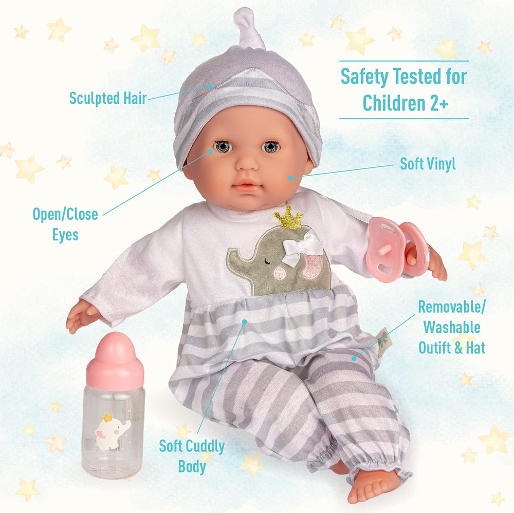 JC Toys Berenguer Boutique 15in doll removable outfit for easy dress-up.