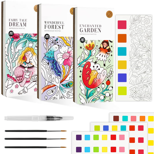 JCREN watercolor book forest scene, compact travel kit for on-the-go creativity.