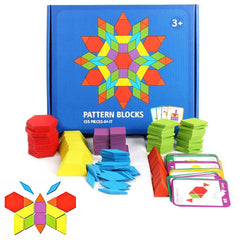 JCREN wooden pattern blocks set for imaginative geometry play and shape recognition.