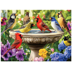 Jeacirio Birds 500-piece puzzle by the fountain, ideal for family puzzling.