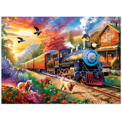Jeacirio dogs chasing train puzzle: vibrant 500-piece challenge for adults and families.