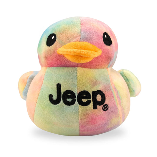 Jeep text logo plush duck tie-dye, collectible for enthusiasts.