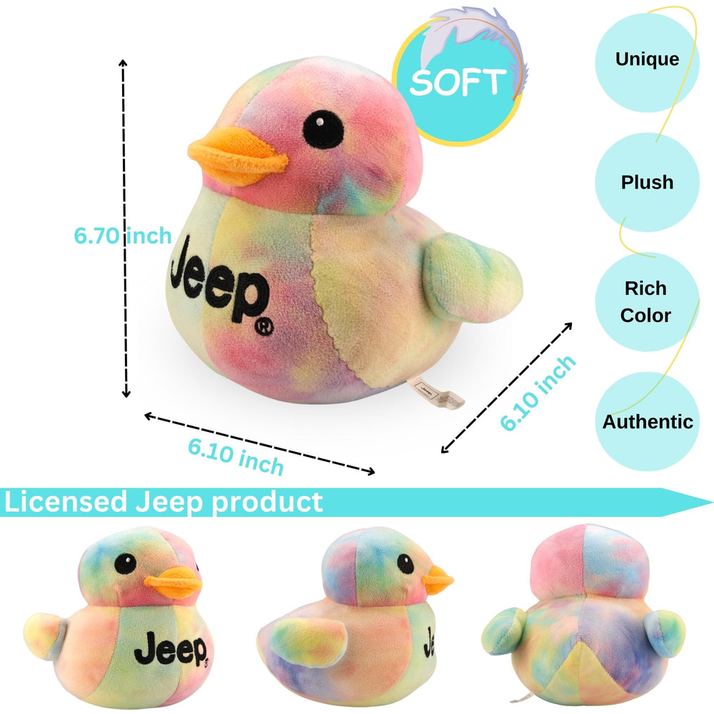 Jeep plush duck with tie-dye pattern, perfect desk display.