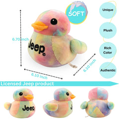 Jeep plush duck with tie-dye pattern, perfect desk display.