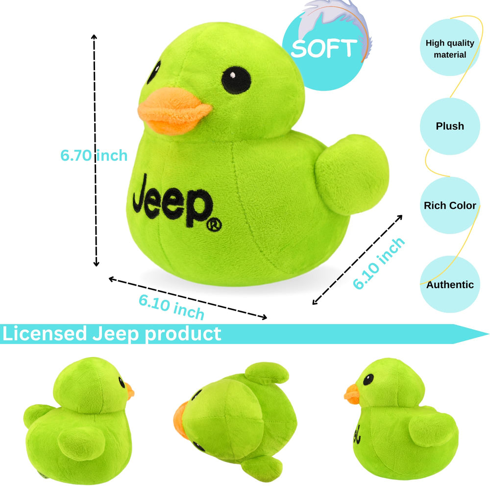 Jeep Text Logo Plush Duck Green side view, ideal as a playful shelf accent.