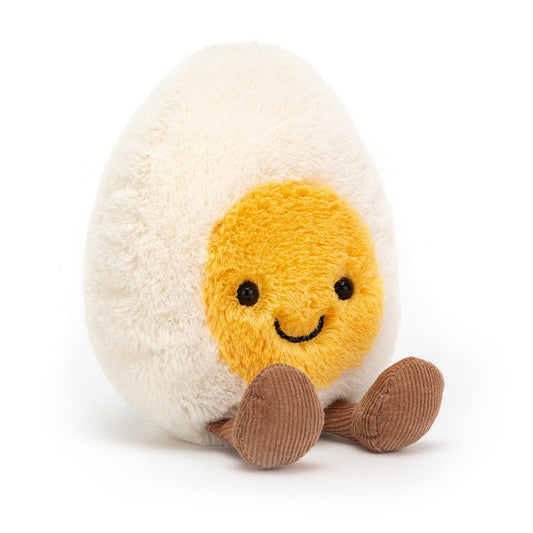 Jellycat Amuseables Boiled Egg Happy plush with sunny fur for cozy hugs.