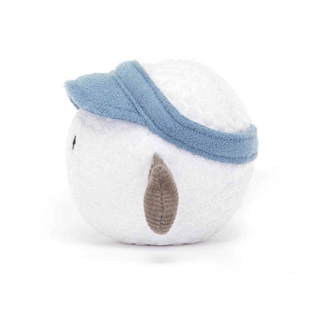 Jellycat Amuseables Golf Ball toy side view showing the playful visor detail.